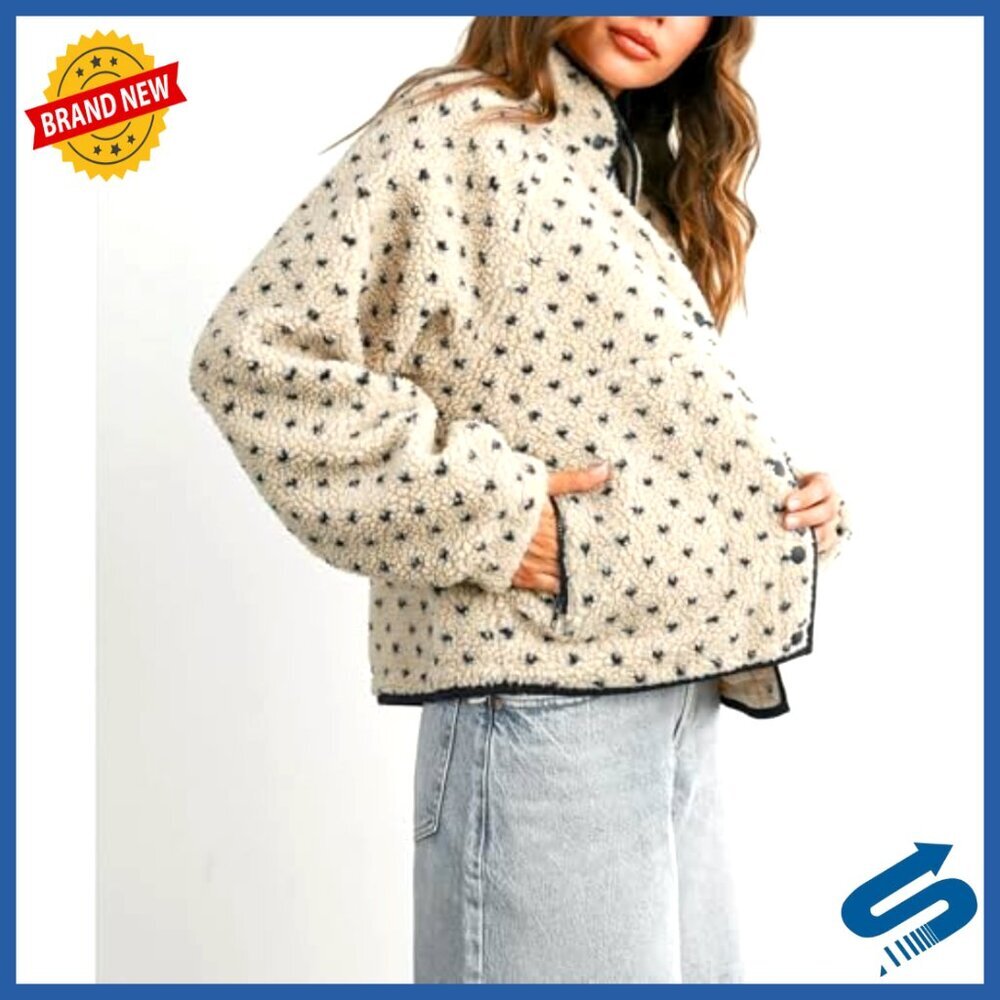 Slouchy Fleece Jacket Women Long Sleeve Button Down High Neck Polka Dot - Picture 5 of 7
